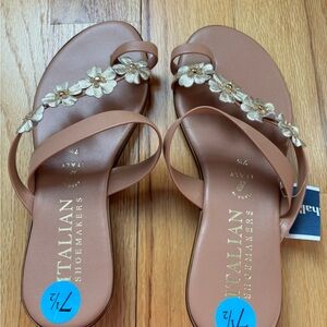 Italian Shoemakers Tan Sandals with Gold Floral Accents
